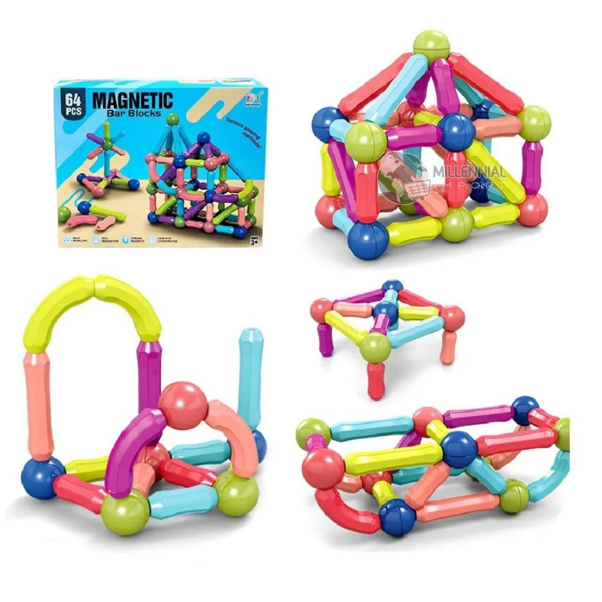 GENERICO - Set Educativo de Bloques Magnéticos de 64 piezas