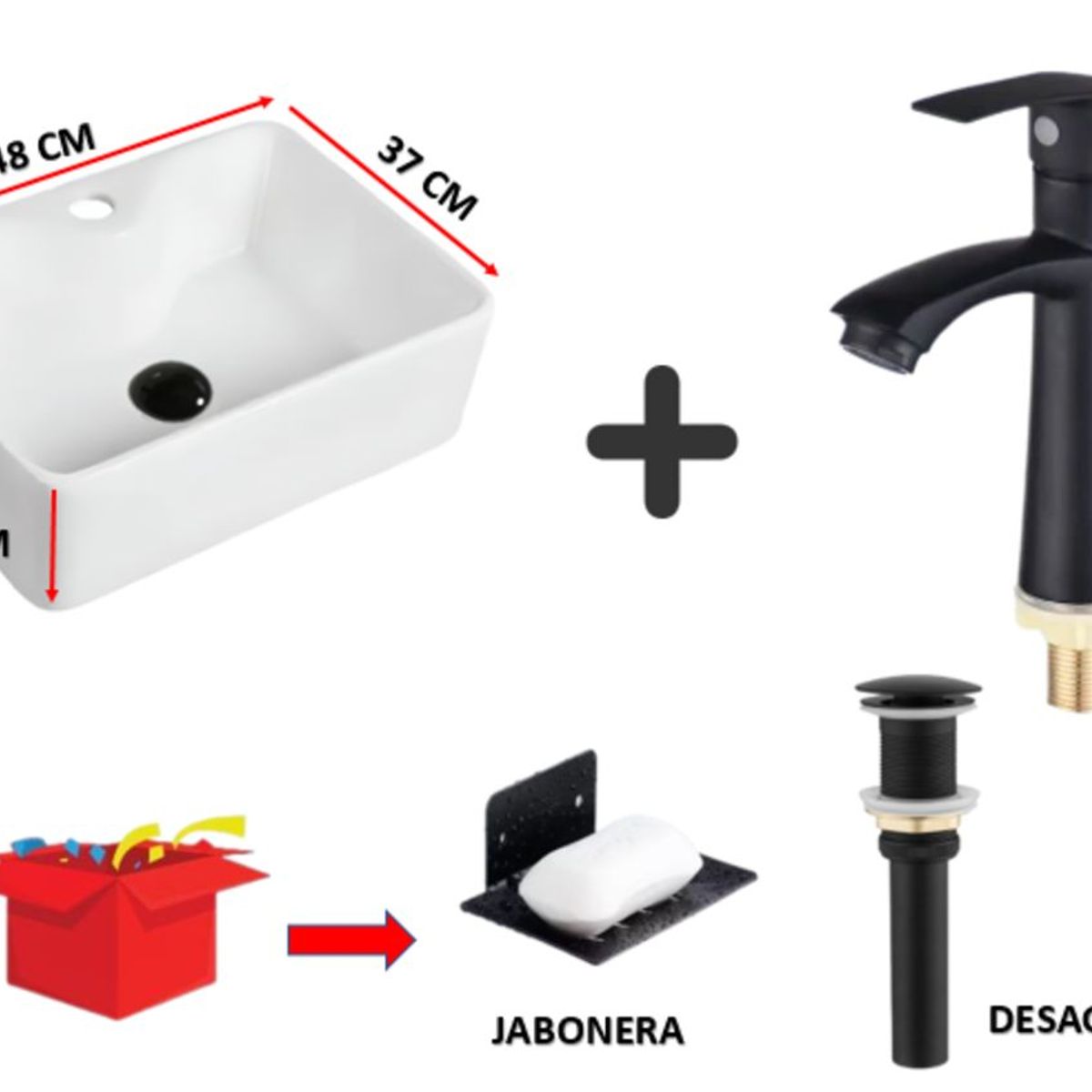 GREEN HOUSE - COMBO DE LAVATORIO GRIFERIA COLOR NEGRO + JABONERA+ DESAGUE