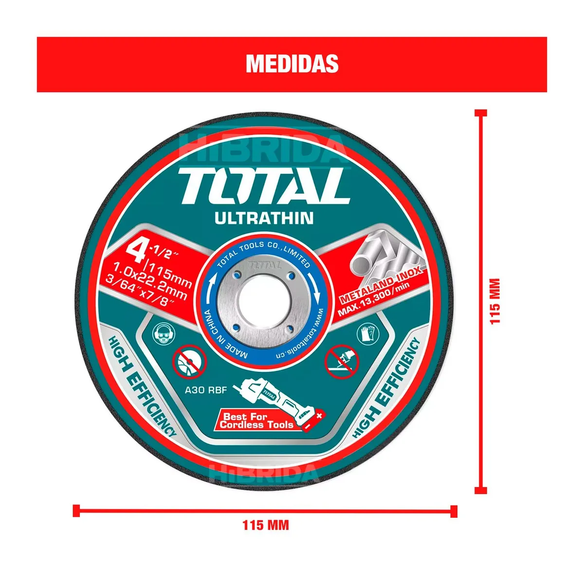 TOTAL TOOLS - DISCO CORTE METAL 4½ TOTAL X25 AMOLADORA ESMERIL - TAC11011525