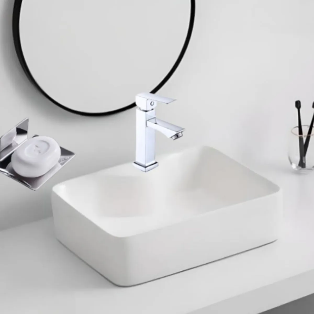 IMPORTADO MC - COMBO DE LAVATORIO GRIFERIA  CUADRADO + JABONERA+ DESAGUE CROMADO