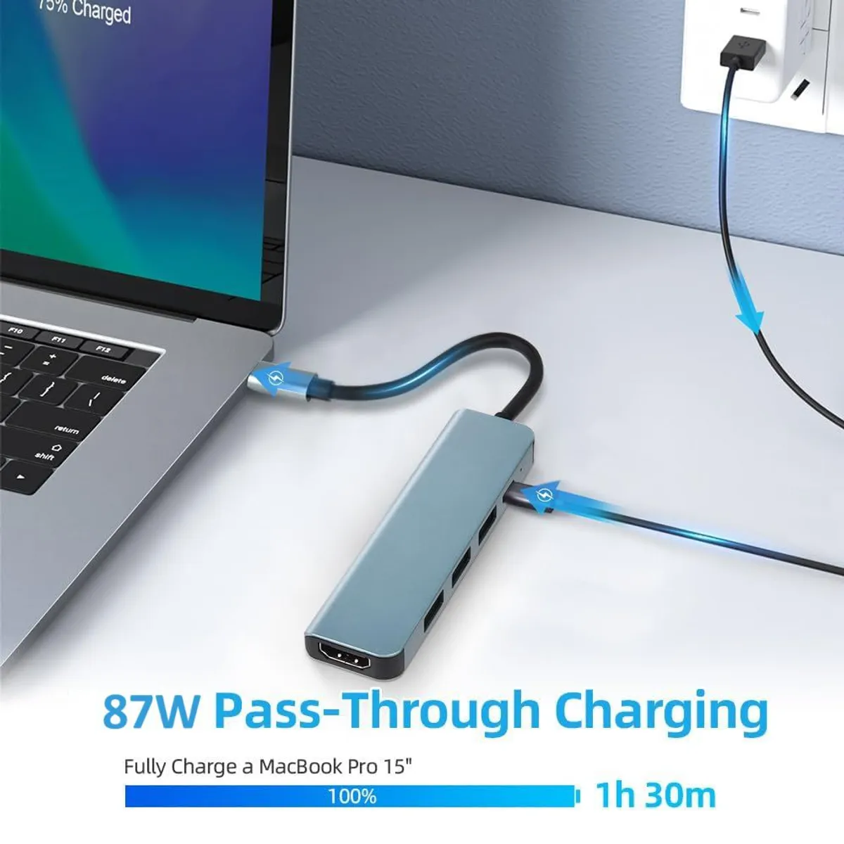 OEM - Hub Adaptador 5 en 1 Tipo C a HDMI 4K / USB/  PD 87W