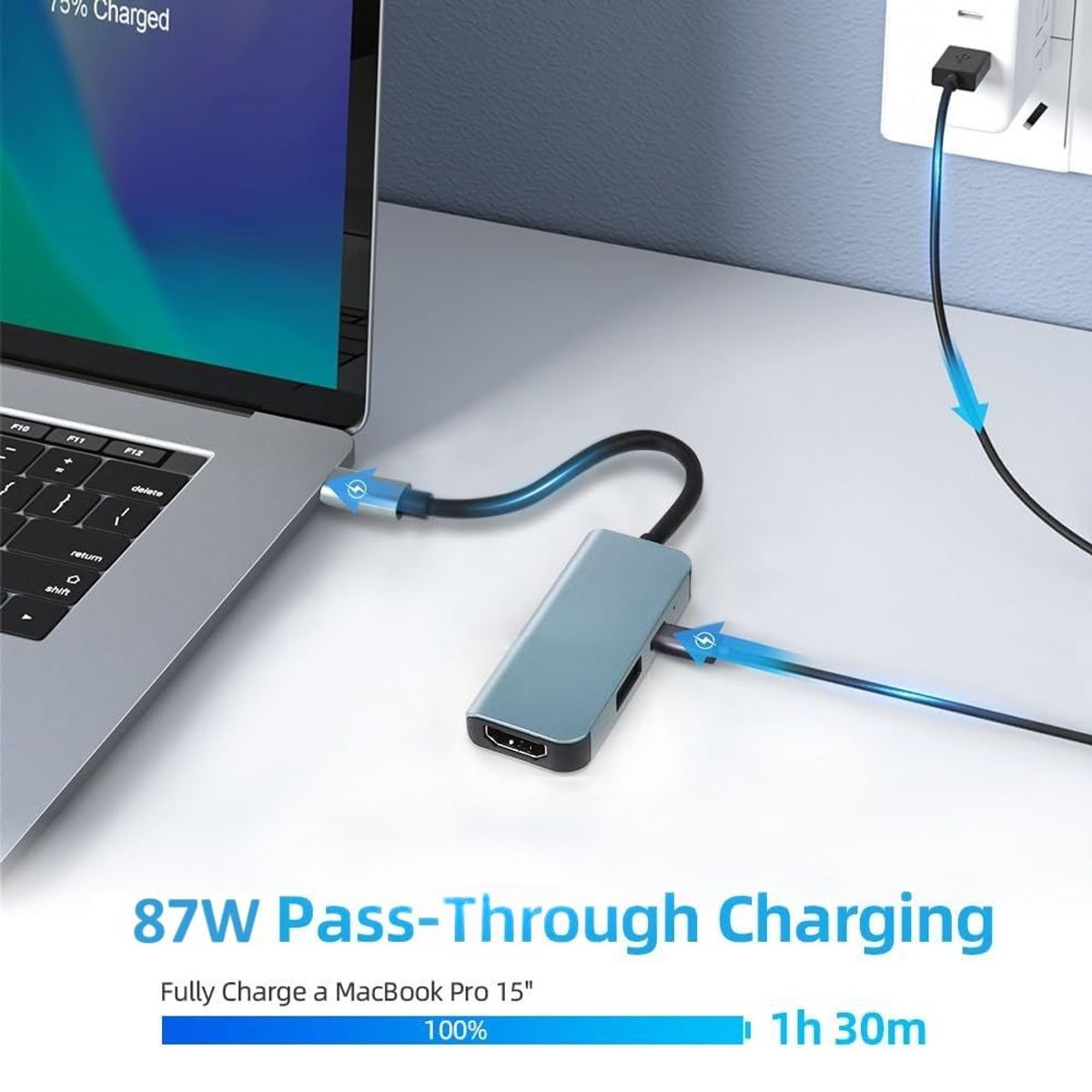 OEM - Hub Adaptador 3 en 1 Tipo C a HDMI 4K / USB/ PD 87W