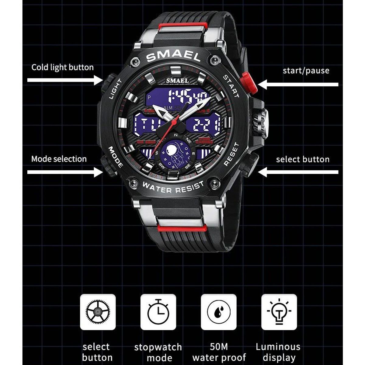 SMAEL - Reloj Deportivo SMAEL 8069 Metálico Doble Horario