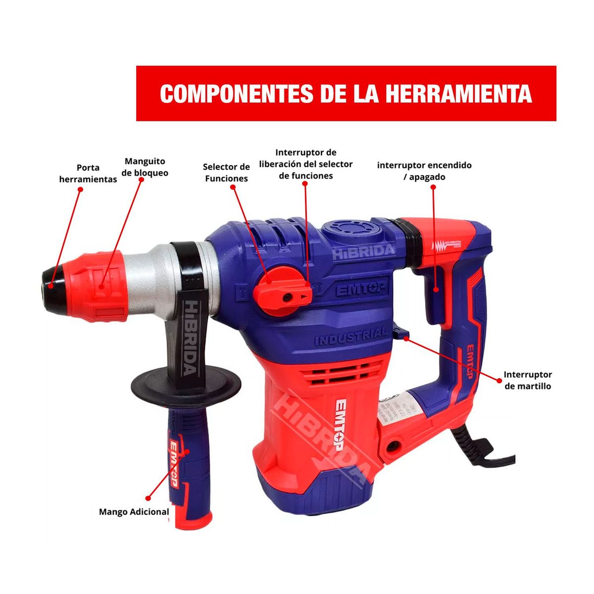 EMTOP - ROTOMARTILLO 1500W SDS PLUS EMTOP INDUSTRIAL 55J CONCRETO - ERHRP1502