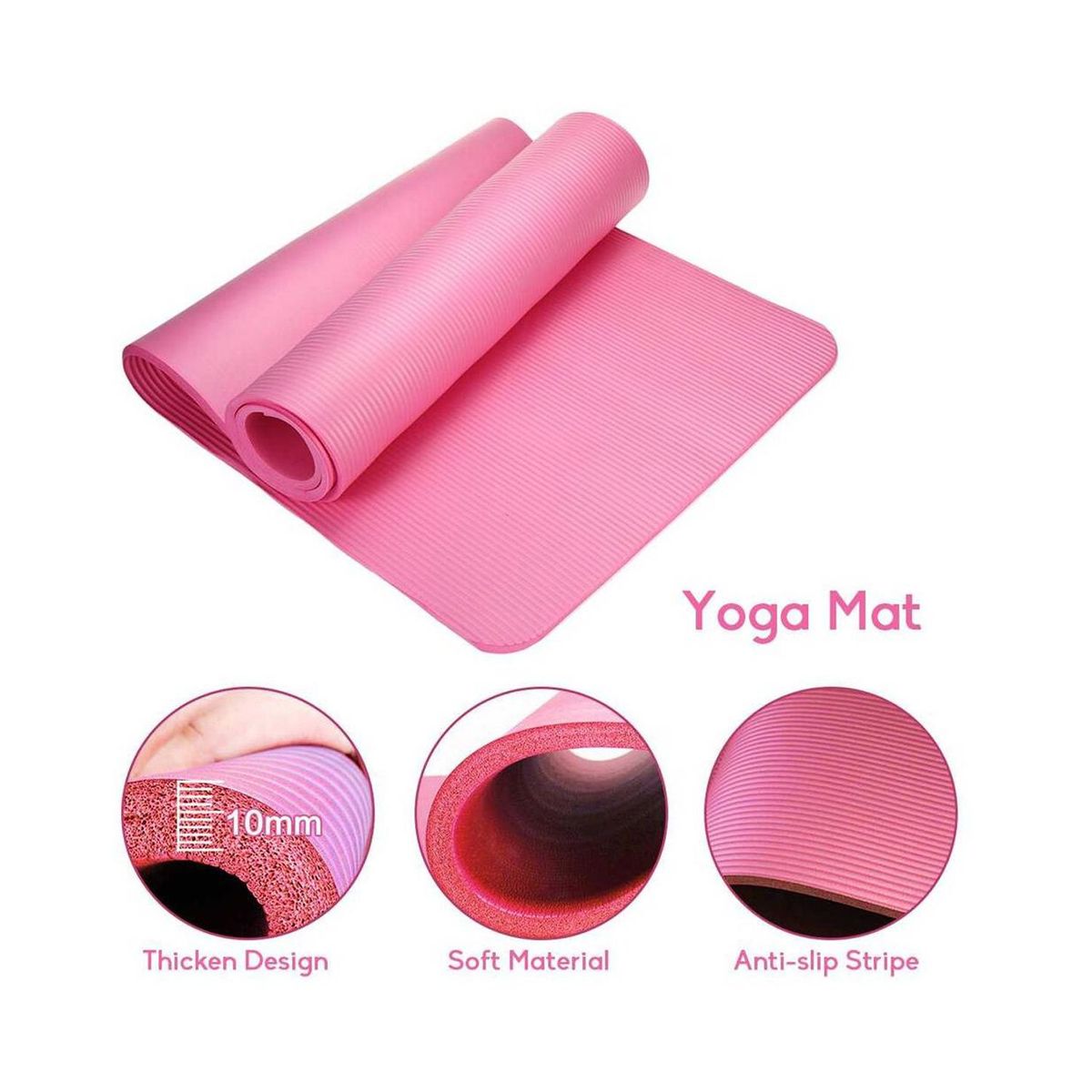 GENERICO - Mat de Yoga Pilates 10 mm con Elástico Portátil Rosado