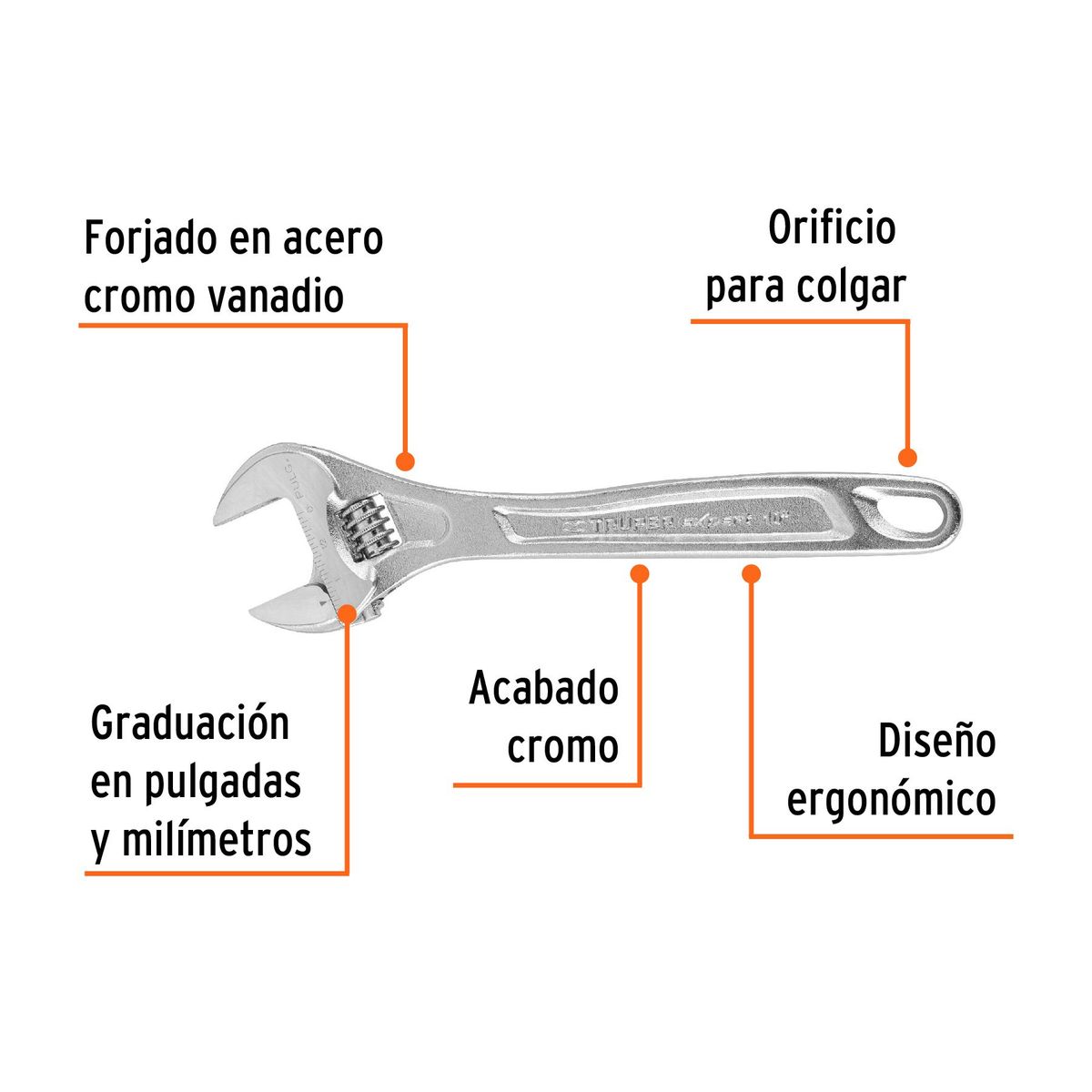 TRUPER - Llave francesa ajustable 10 profesional cromada