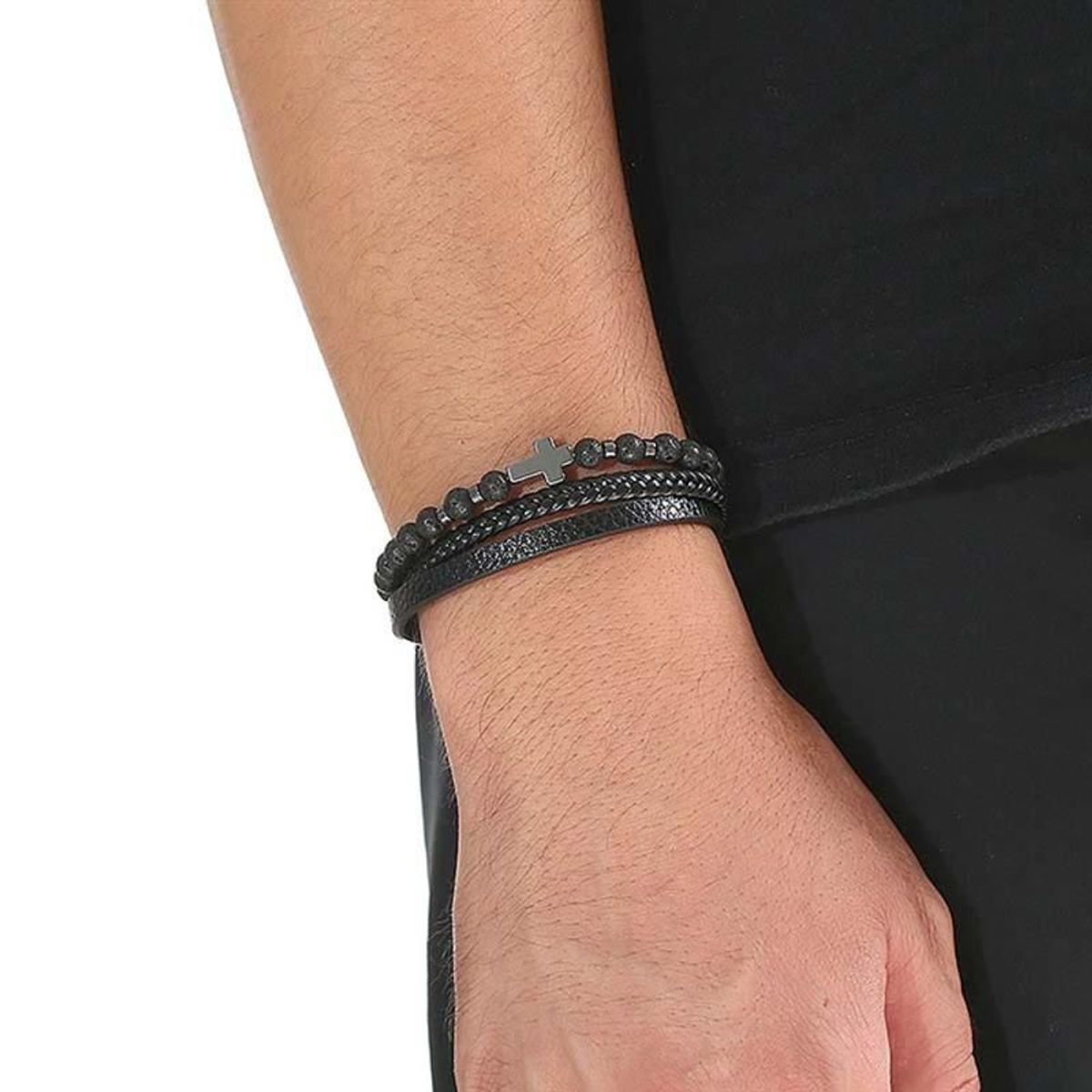 GENERICO - Pulseras de Cuero para Hombres Negro - Cruz
