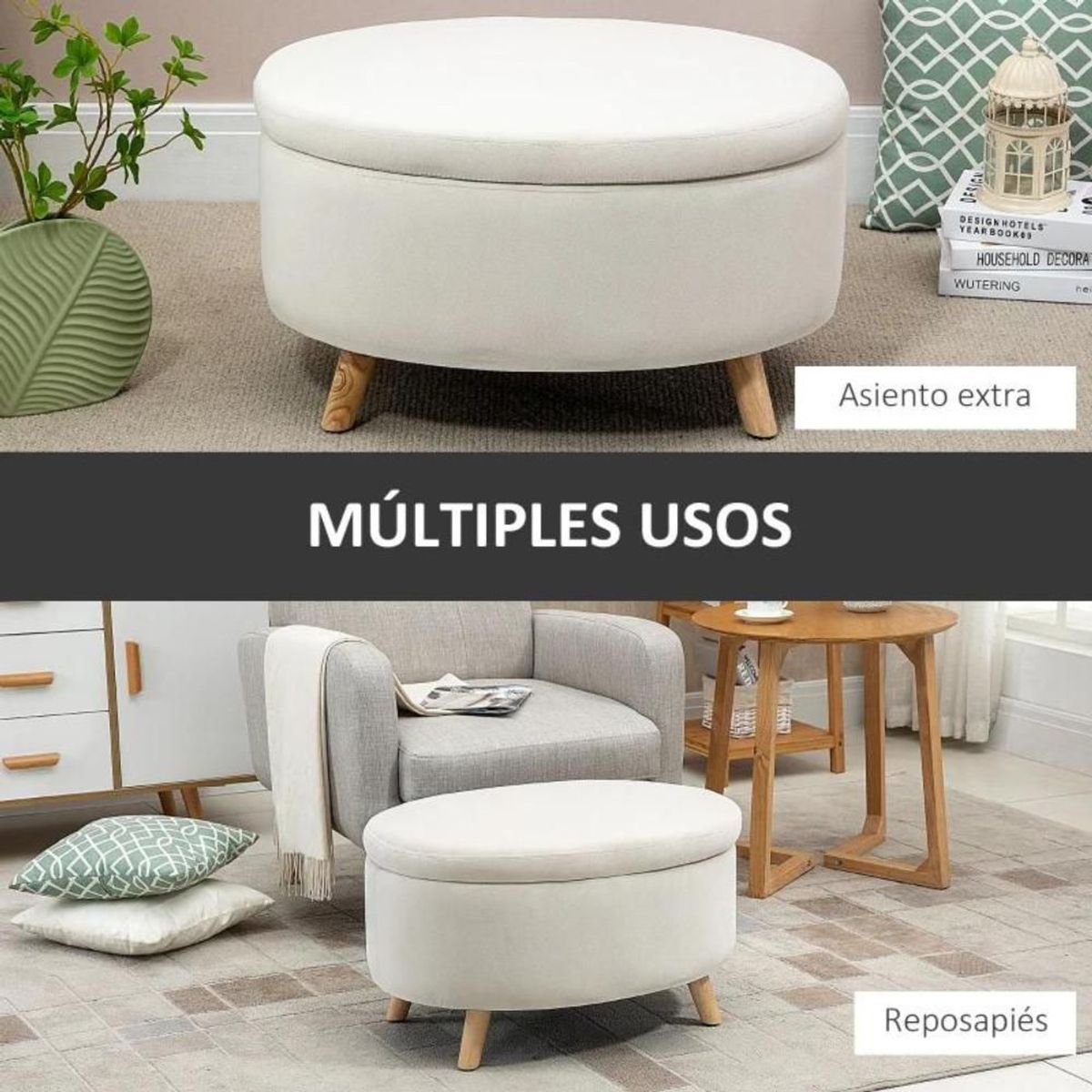 GENERICO - Puff Baúl Otomano Circular Luciana Blanco Decoban Hogar