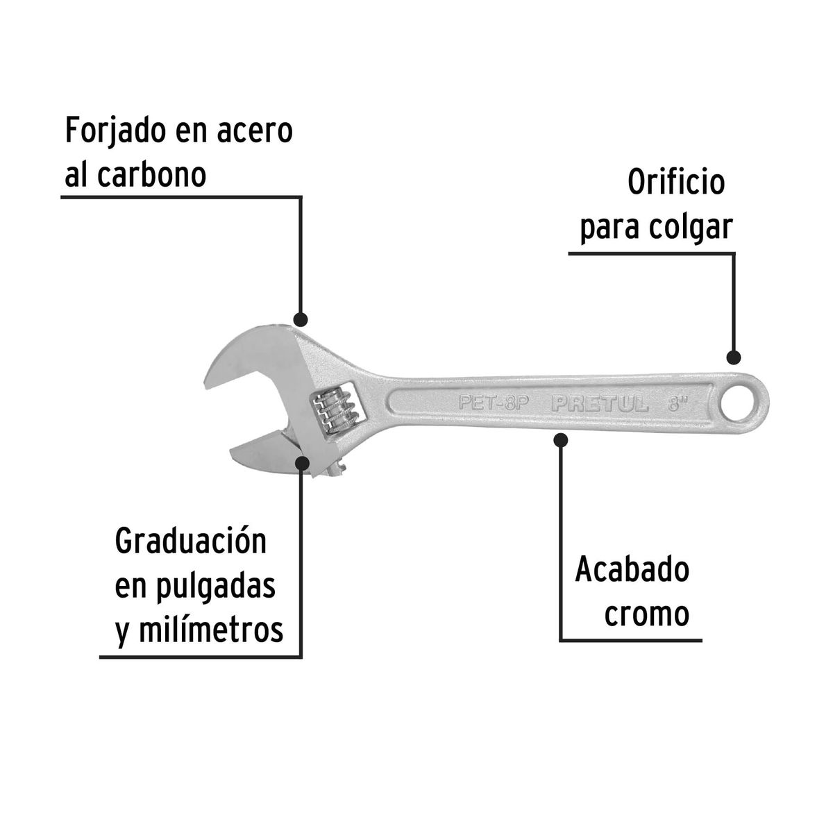 PRETUL - Llave francesa ajustable 8 cromada