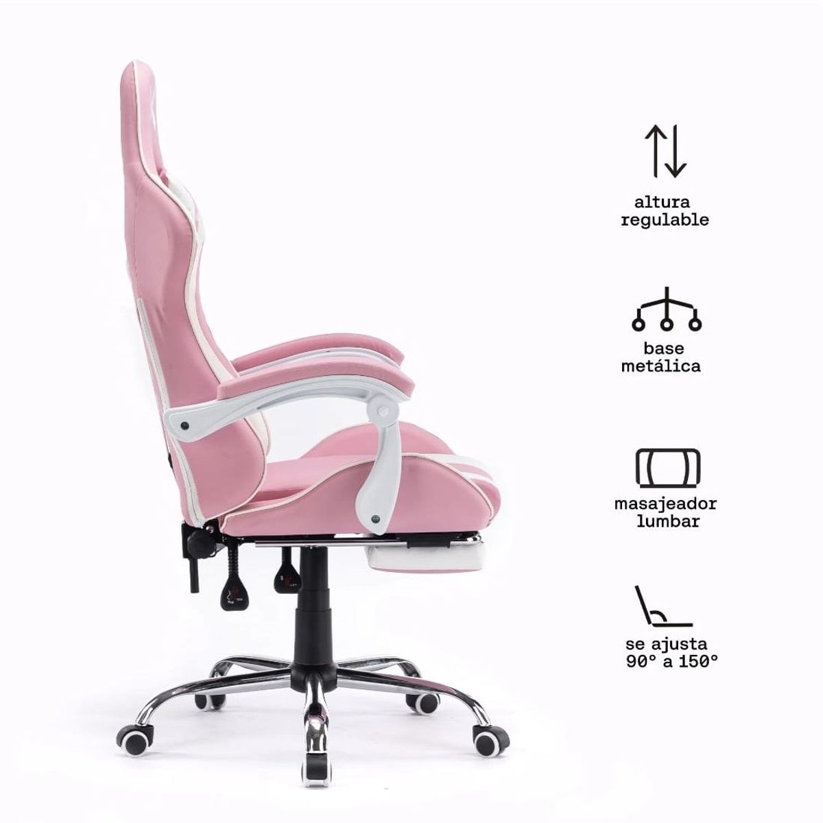 KUZLER - Silla Gamer Rosada con Masajeador Lumbar Reposapiés y base Metálica