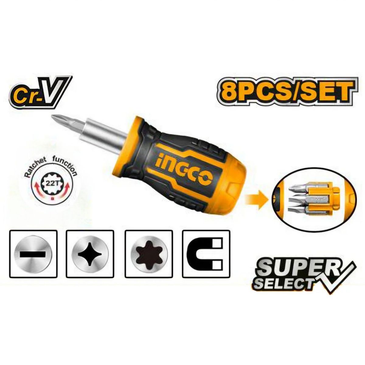 INGCO TOOLS - Desarmador Ratchet Rechoncho 8 EN 1 INGCO