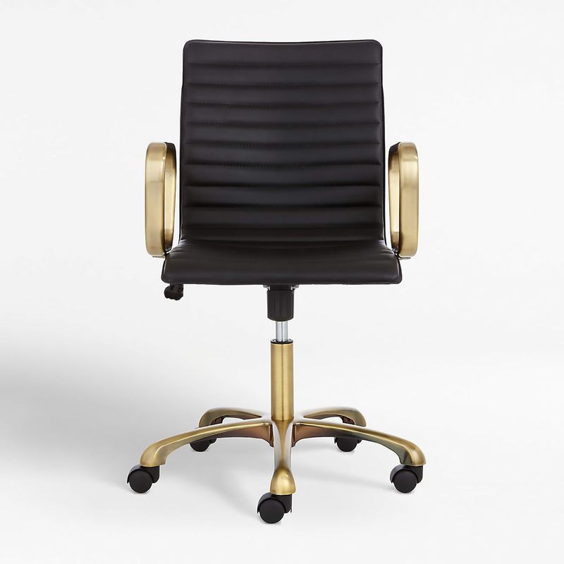CRATE & BARREL - Silla de Escritorio Ripple Negro de Cuero con Estructura de Latón Dorado