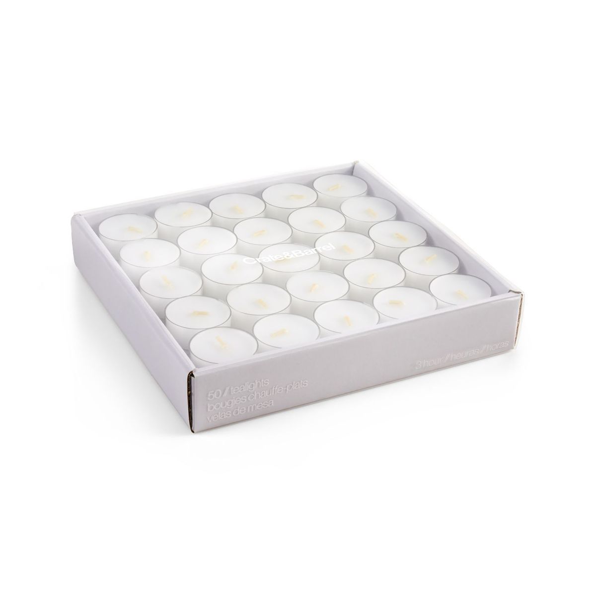 CRATE & BARREL - Juego de 50 Tealights de 3hrs. Blancas en Copa Transparente
