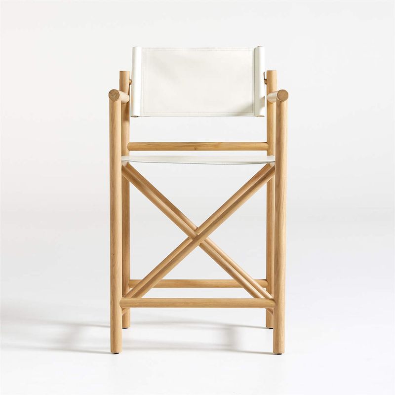 CRATE & BARREL - Silla de Bar de Terraza Mast de Cuero Blanco con Estructura de Madera