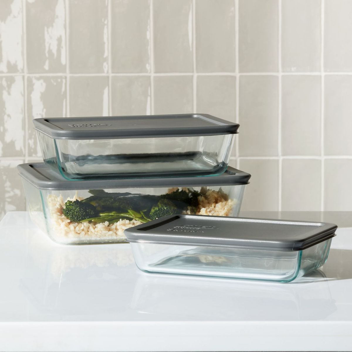 CRATE & BARREL - Set de Contenedores 6 Piezas de Vidrio con Tapa de Madera Pyrex