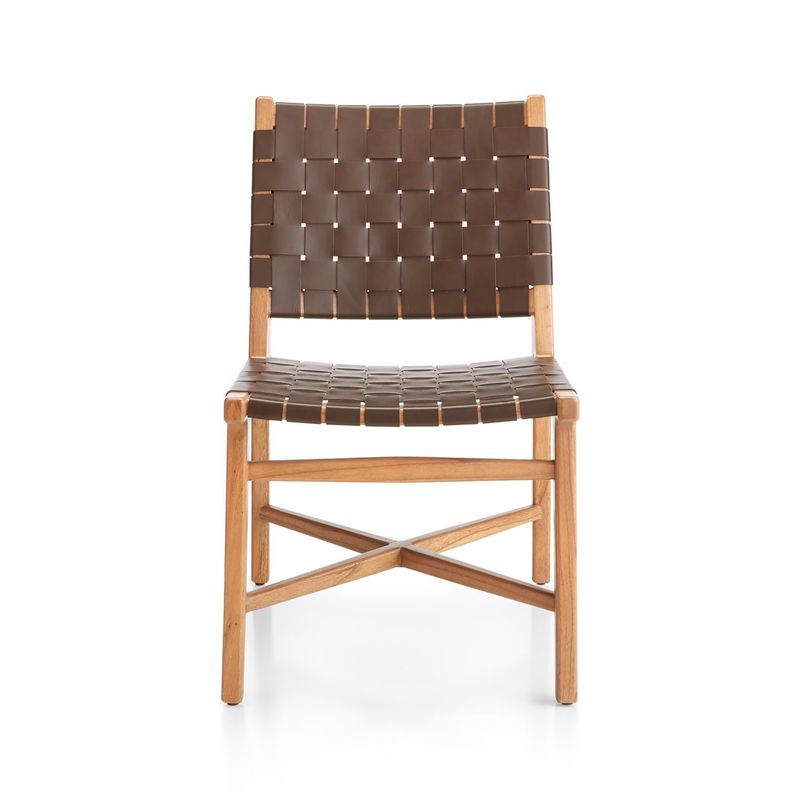 CRATE & BARREL - Silla de Comedor de Terraza Taj de Cuero Marrón con Estructura de Madera