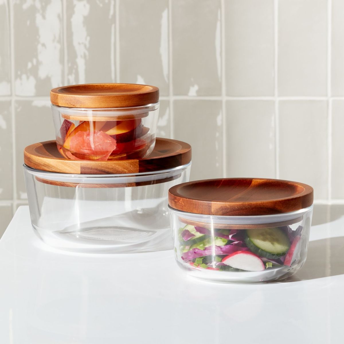 CRATE & BARREL - Set de Contenedores 6 Piezas de Vidrio con Tapa de Madera Pyrex