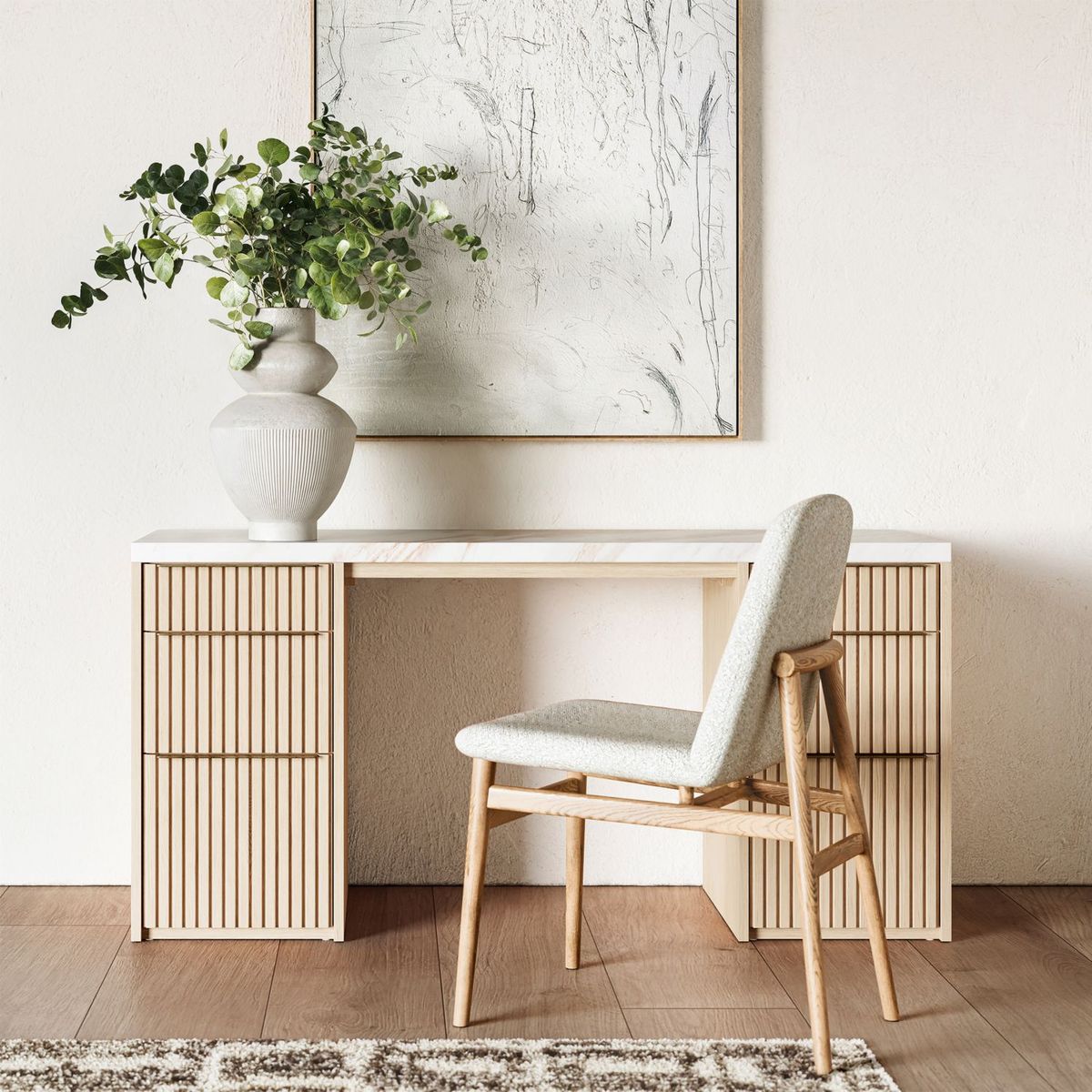 CRATE & BARREL - Escritorio Batten De Madera Natural Con Tablero De Mármol