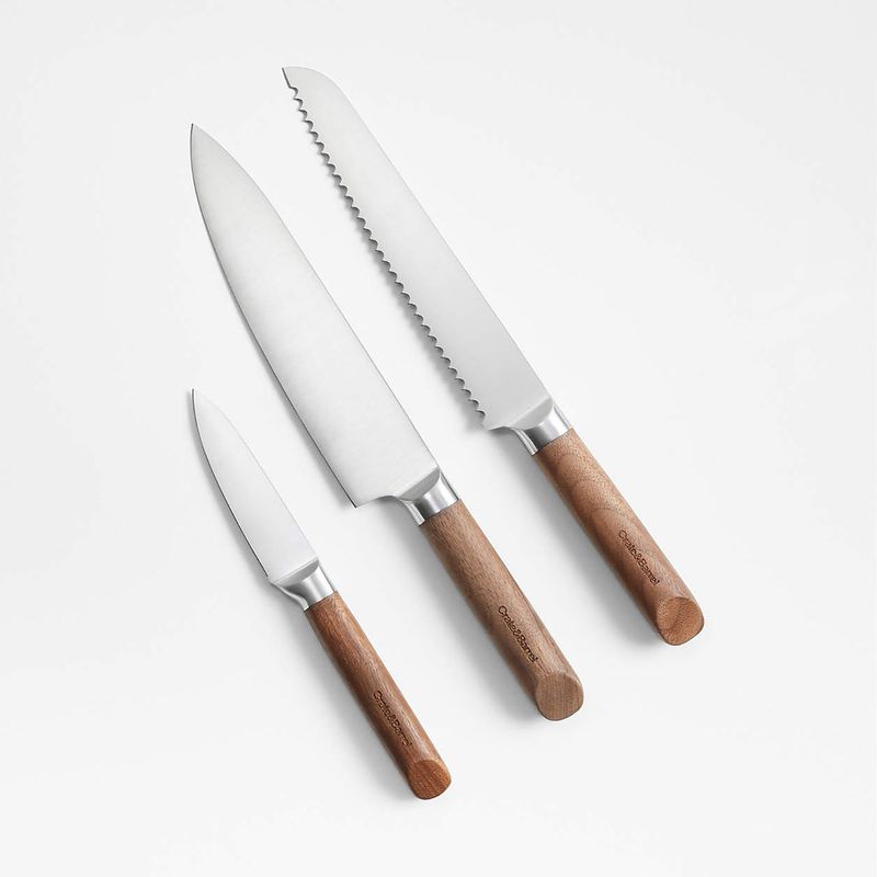 CRATE & BARREL - Set de 3 Cuchillos con Mango de Madera 