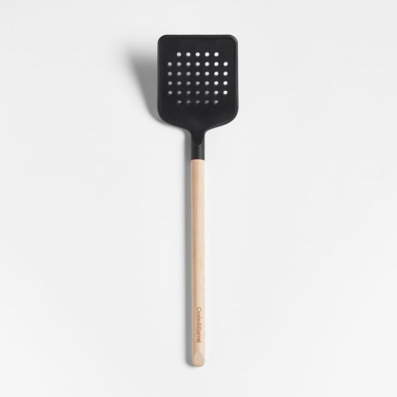 CRATE & BARREL - Espátula Ranurada Silicone and Wood Negra