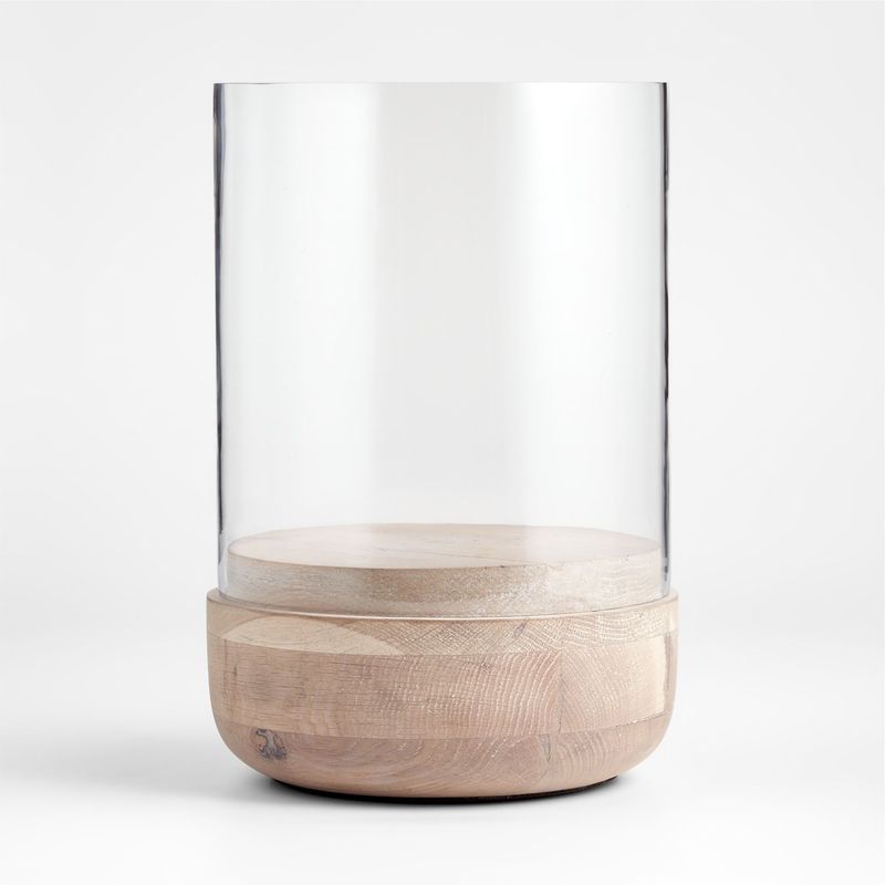 CRATE & BARREL - Portavelas Curvado de Madera y Vidrio Hurricane 32cm
