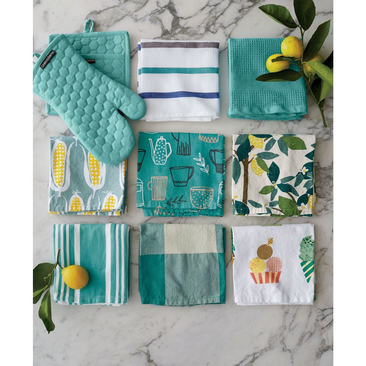 CRATE & BARREL - Juego de 2 Secadores Gofrados/de Felpa Color Aguamarina