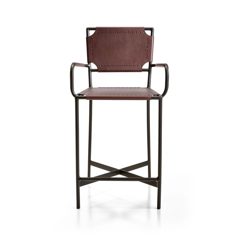 CRATE & BARREL - Silla de Bar Laredo de Cuero Marrón con Estructura de Metal