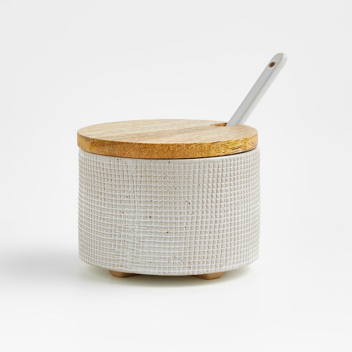 CRATE & BARREL - Salero de Gres Ena con Cuchara y Tapa de Madera Acacia