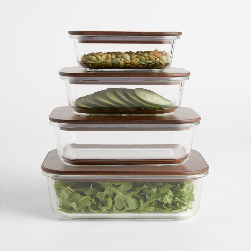 CRATE & BARREL - Set de Contenedores 8 Piezas de Vidrio con Tapa de Madera