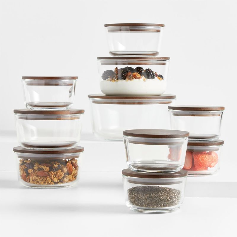 CRATE & BARREL - Set de Contenedores 20 Piezas de Vidrio con Tapa de Madera
