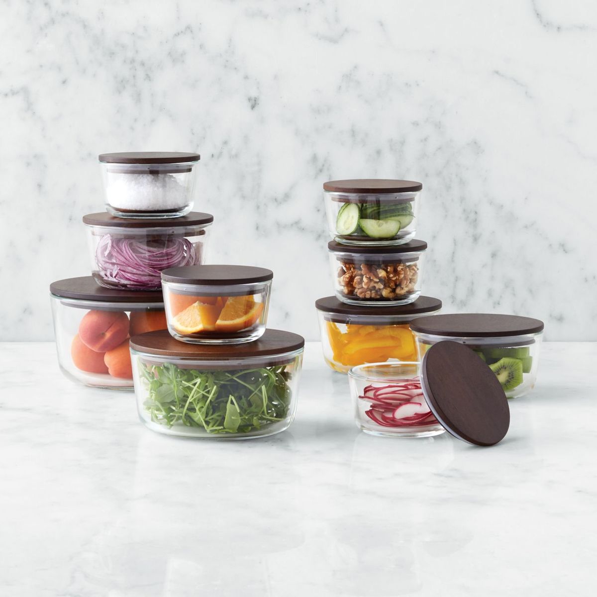 CRATE & BARREL - Set de Contenedores 20 Piezas de Vidrio con Tapa de Madera