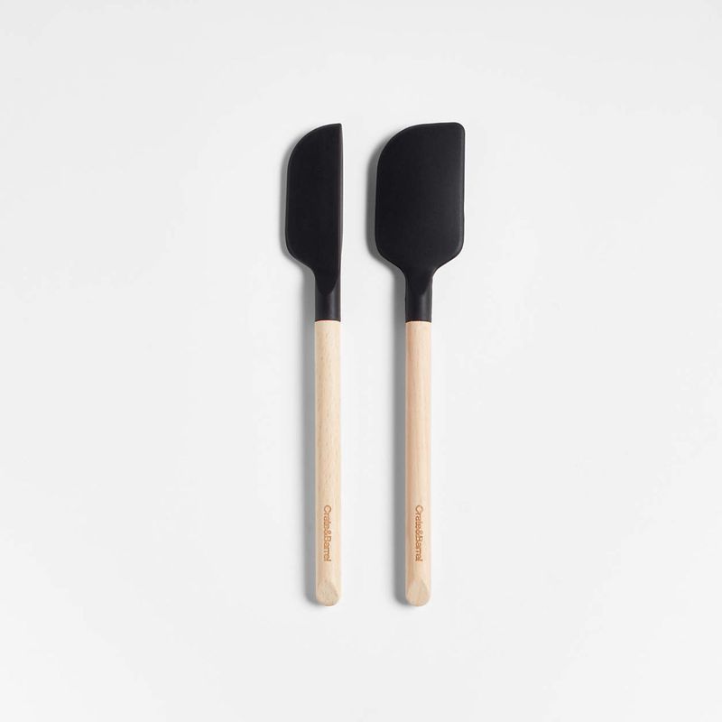 CRATE & BARREL - Set de 2 Mini Espátulas de Silicona Negra con Mango de Madera