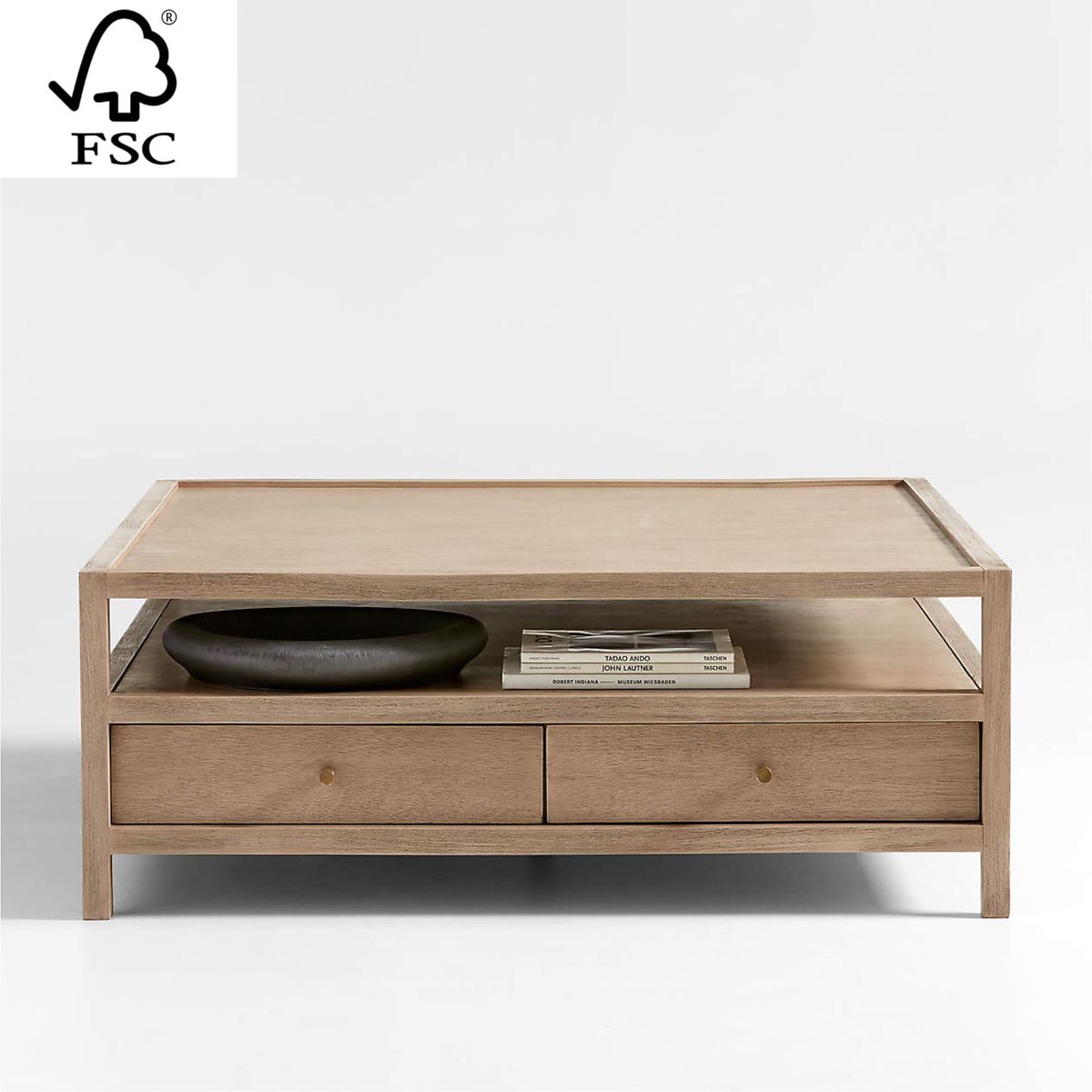 CRATE & BARREL - Mesa De Centro Cuadrada Keane Con Almacenamiento De Madera Natural