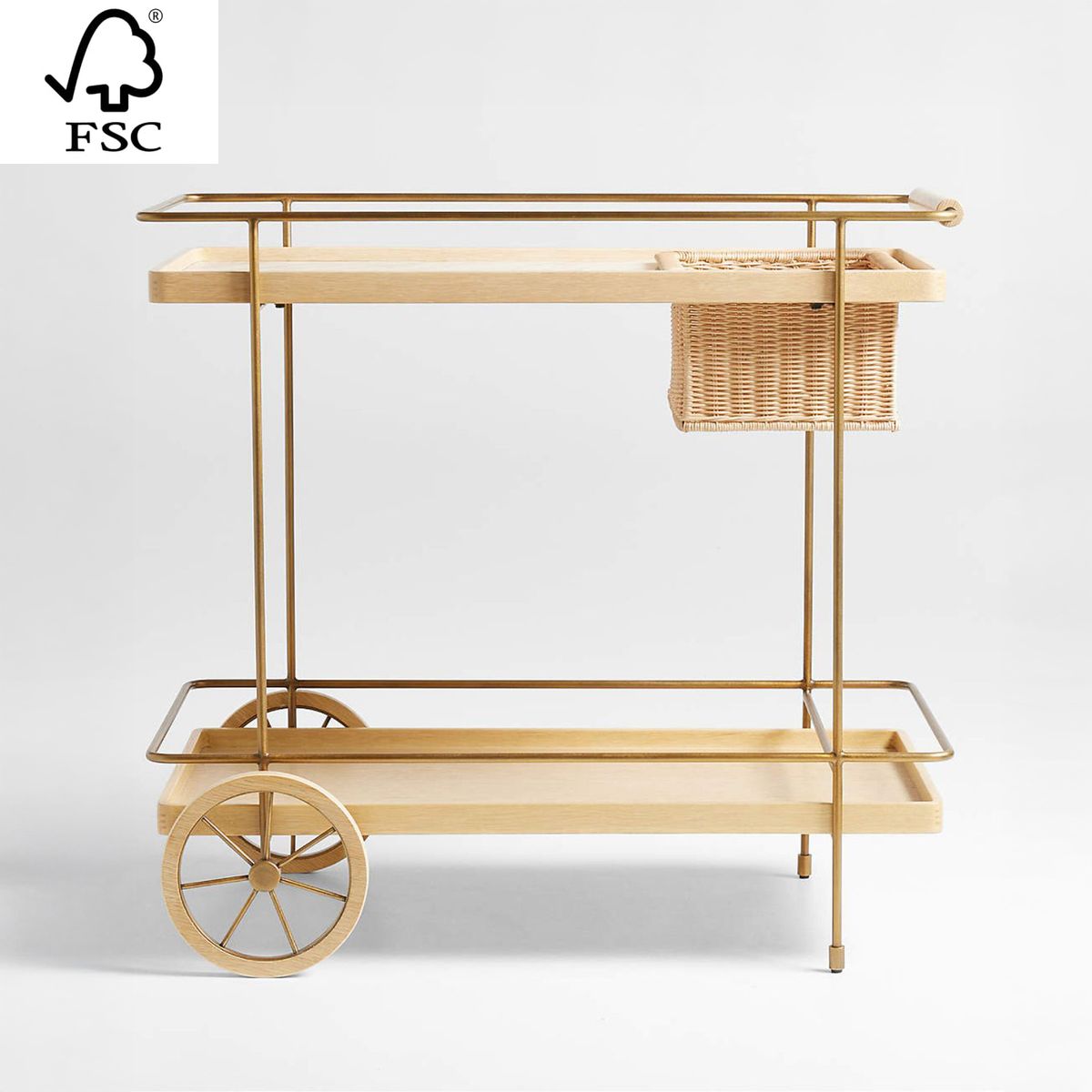 CRATE & BARREL - Carro de Bar Wicker Park de Madera de Roble con Encimera de Mármol 2 Niveles