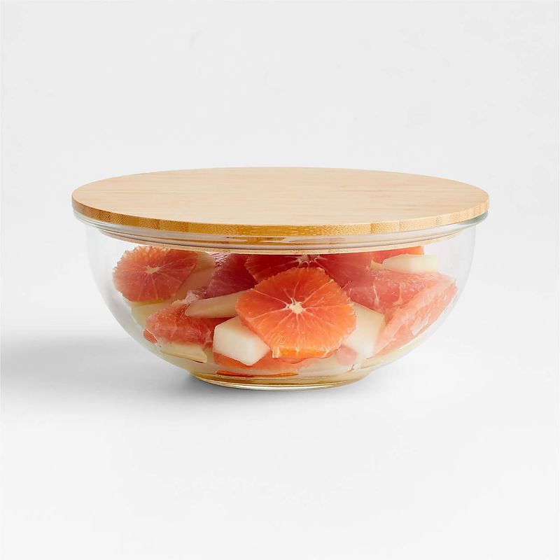 CRATE & BARREL - Bowl de Vidrio Mediano con Tapa de Bambú