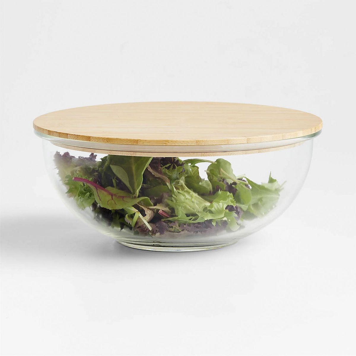 CRATE & BARREL - Bowl Grande De Vidrio Para Mezclar Con Tapa De Bambú