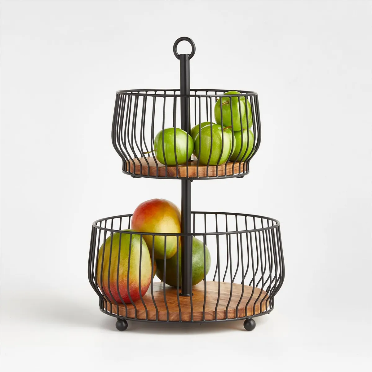 CRATE & BARREL - Canasta para Frutas Cora con Base de Madera Acacia 2 Niveles
