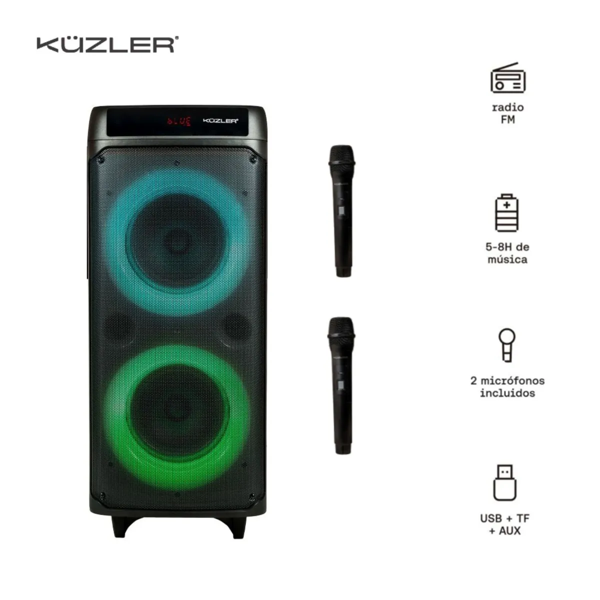 KUZLER - Torre de Sonido Bluetooth 1600W  12h Con 2 Microfonos Karaoke PARTYLOUD-1