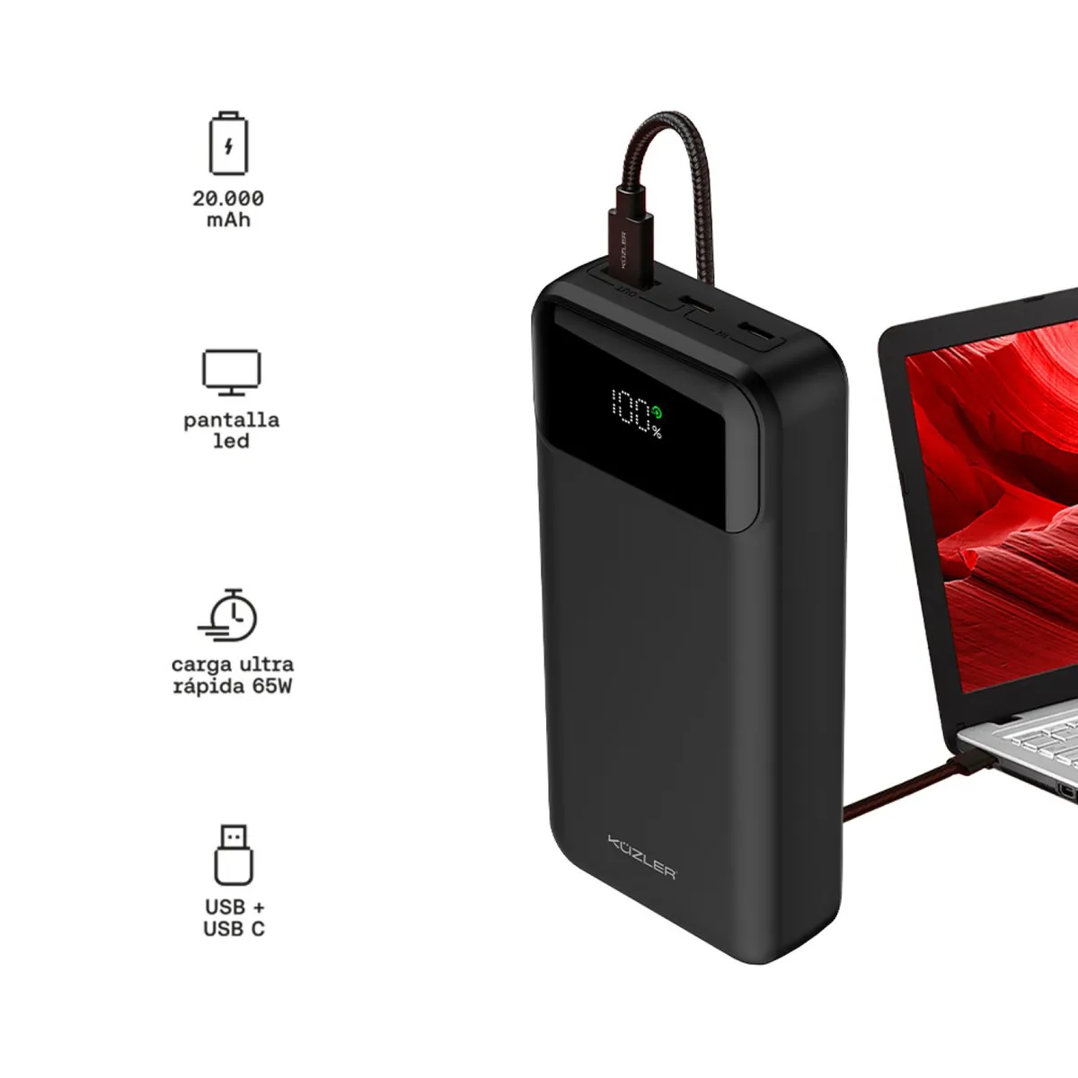 KUZLER - Cargador Portátil Laptop 20,000Mah 65W VELIOX-101