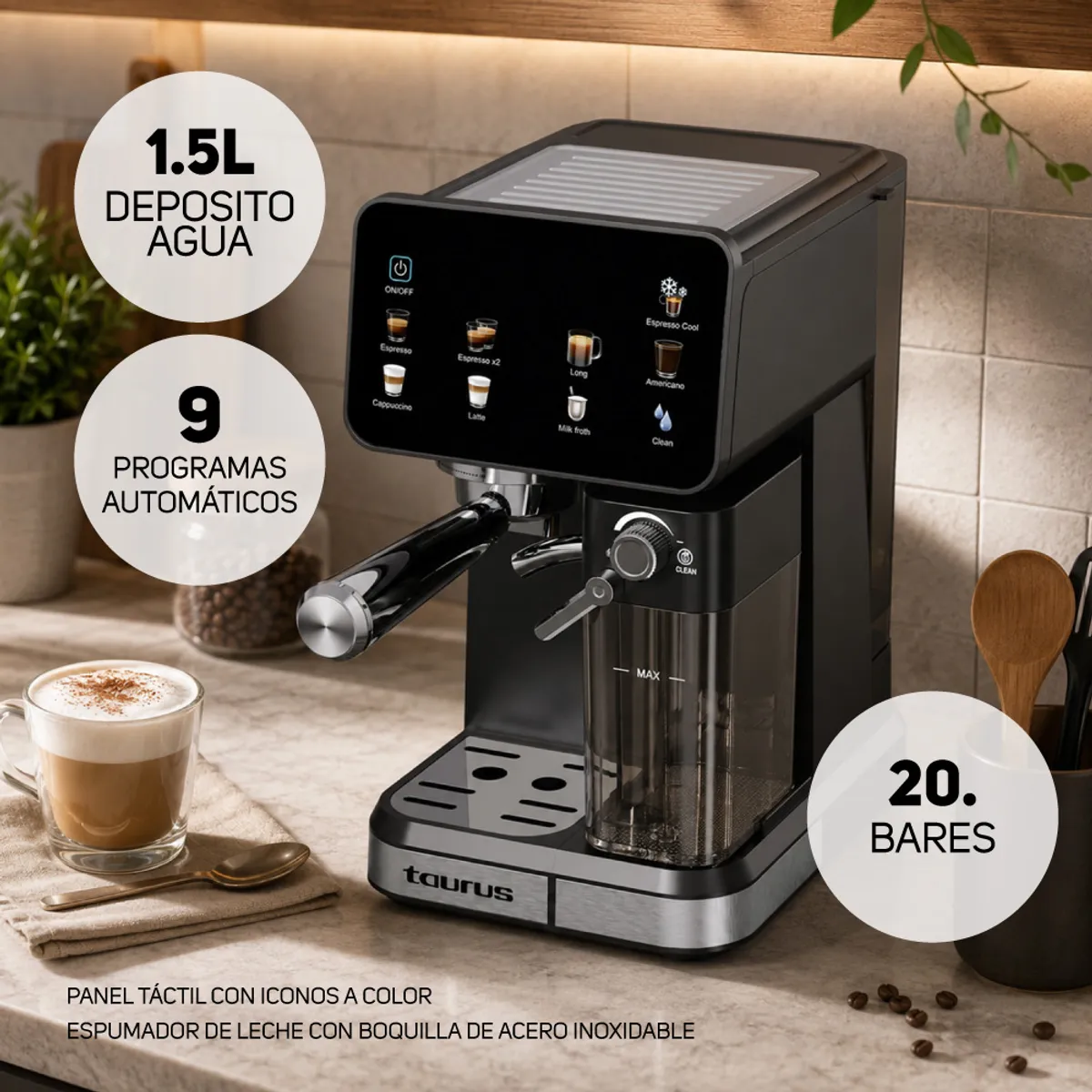 Taurus - Cafetera Espresso 20 Bares 1.5L Rápido 800