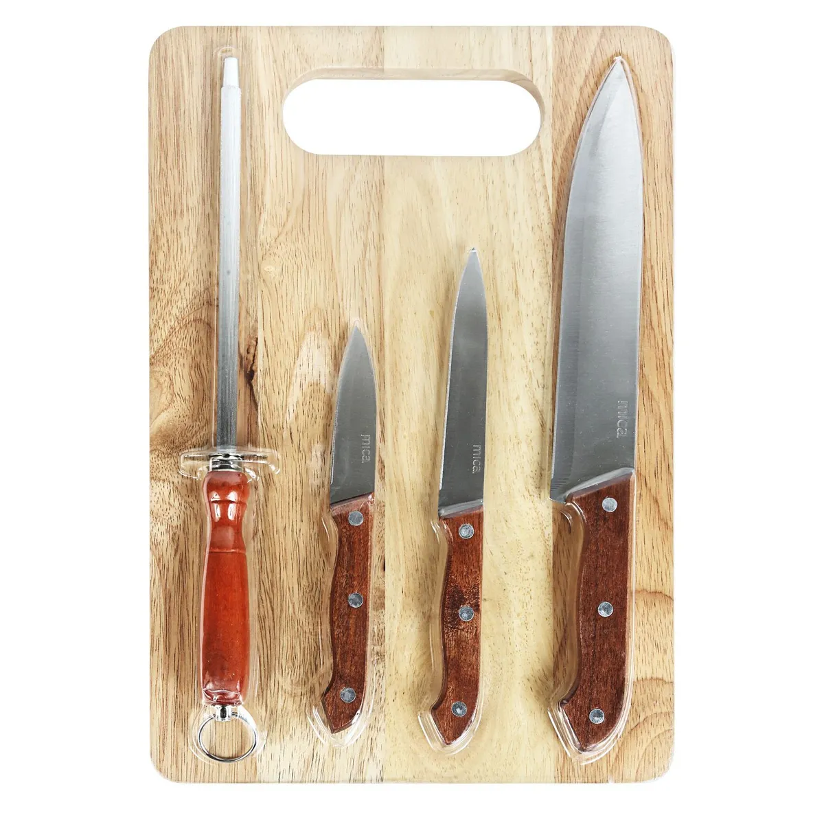 MICA - Set x5 Tabla Madera + Cuchillos + Afilador