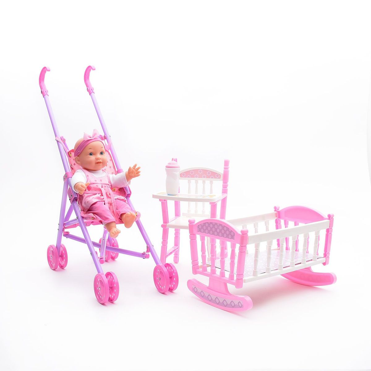 UNEEDA - Muñeca con Silla de Comer, Coche Bastón, Cuna Y Accesorios