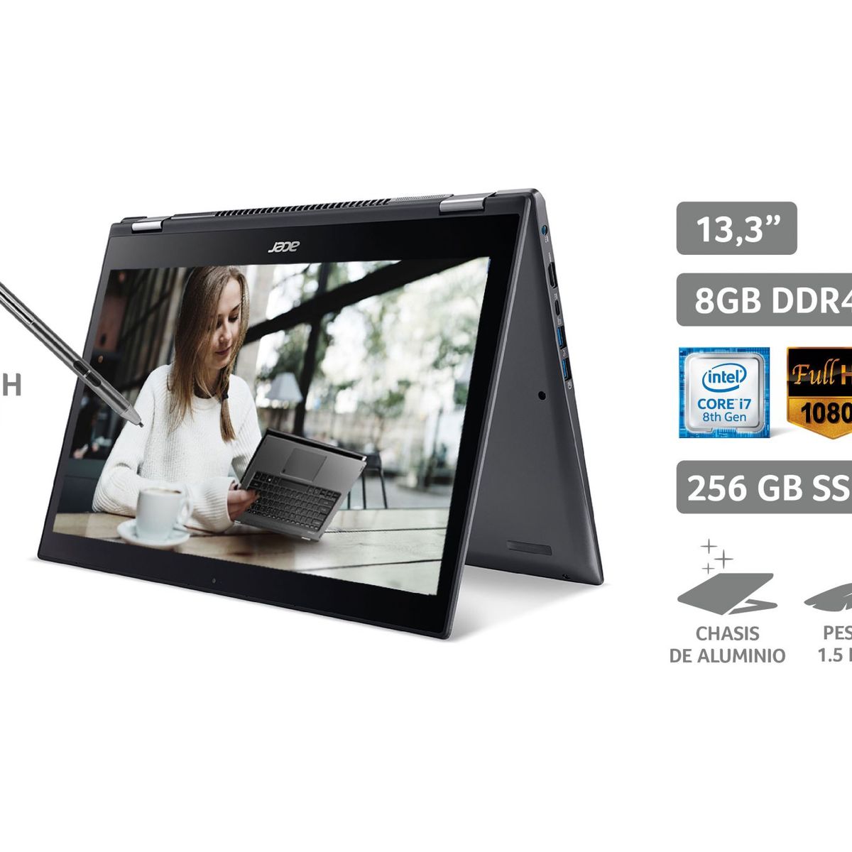 ACER - Laptop Spin5 2en1 13.3" Core i7 8va Gen 8GB RAM 256GB SSD - Pantalla Touch Full HD