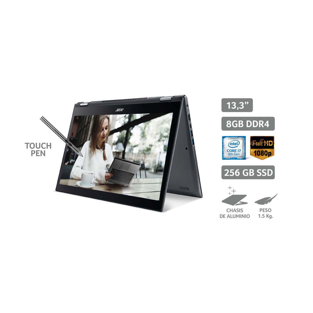 ACER - Laptop Spin5 2en1 13.3" Core i7 8va Gen 8GB RAM 256GB SSD - Pantalla Touch Full HD