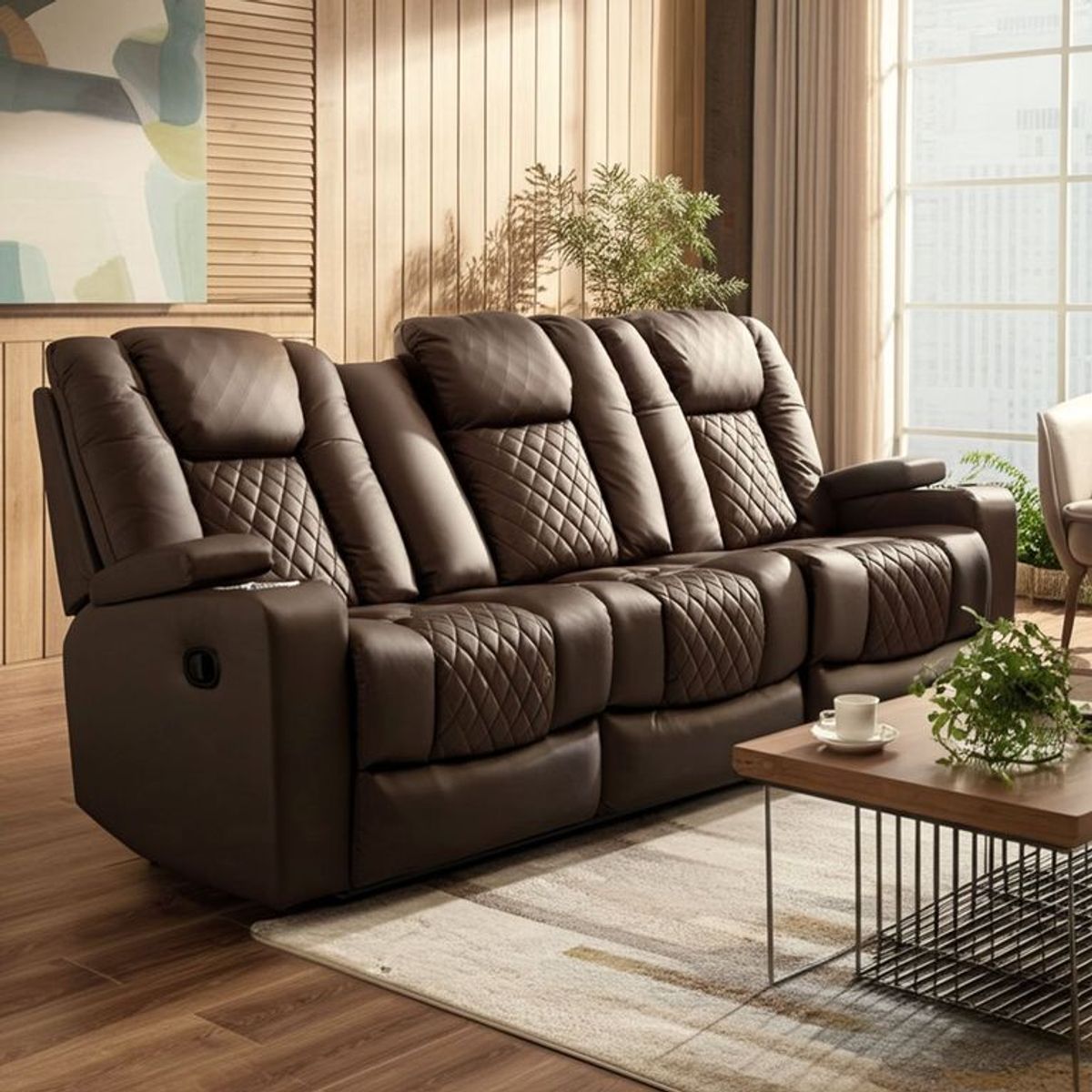 MICA - Sofá Reclinable Bentley 3 Cuerpos con Posavasos y Puerto USB