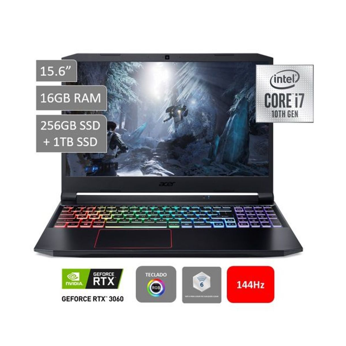 ACER - Gamer Nitro 5 AN515-55-74ZQ 15.6" FHD Core i7 10750H 16GB 256GB + 1TB 6GB NVIDIA RTX 2060 Wifi 6