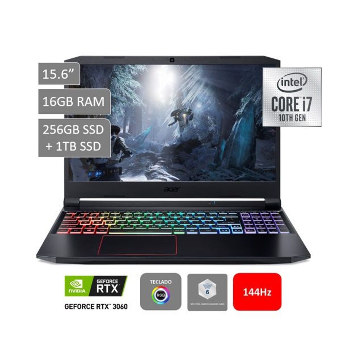 ACER - Gamer Nitro 5 AN515-55-74ZQ 15.6" FHD Core i7 10750H 16GB 256GB + 1TB 6GB NVIDIA RTX 2060 Wifi 6