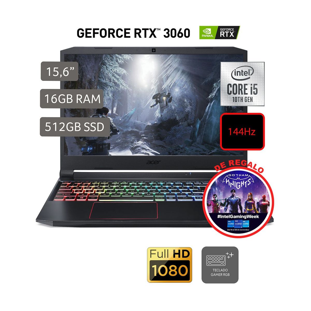 ACER - Nitro 5 Gamer Intel Core i5 10300H 15.6" IPS 144Hz  16GB 512GB SSD 144Hz RGB KB NVIDIA GeForce RTX 3060