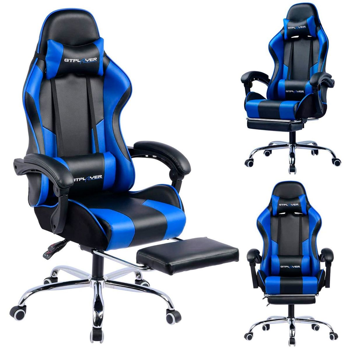 GT PLAYER - Silla Gamer con Masajeador Lumbar y Reposapies, Reclinable 150°