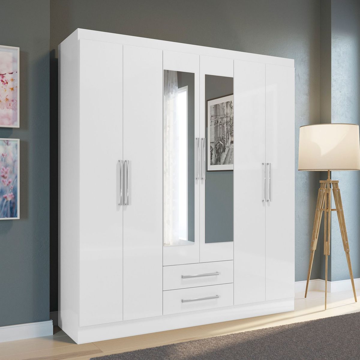 MICA - Ropero 6 Puertas 2 Cajones con Espejo